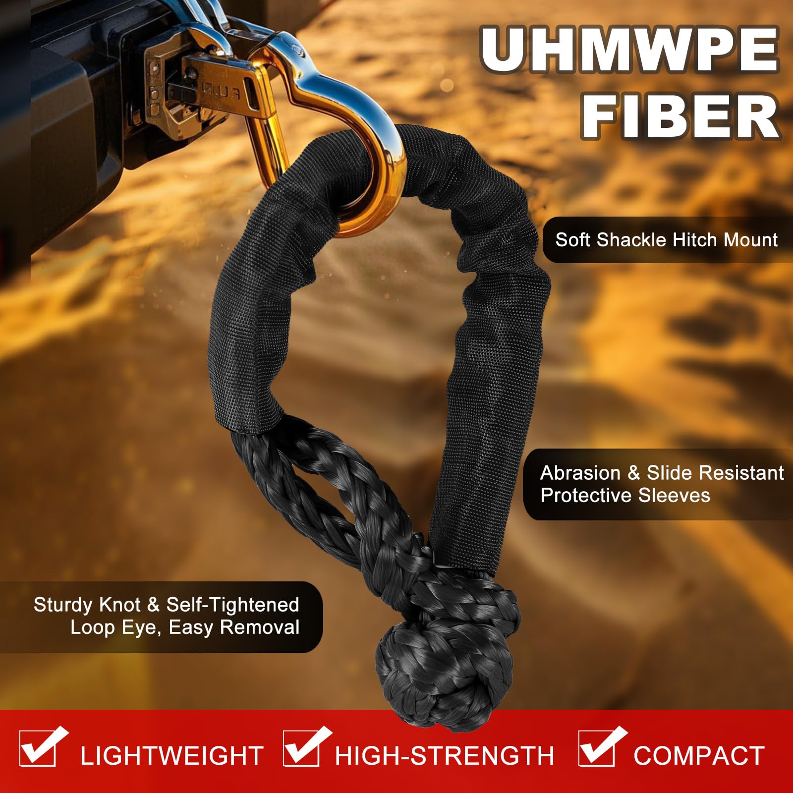 Synthetic Soft Shackle & Winch Recovery Ring Kit, 1/2'' x 22'' Recovery Soft Shackle(56,000Lbs Breaking Strength), Snatch Recovery Ring for ATV UTV Off-Road Vehicles (Shackles+ Red Ring)