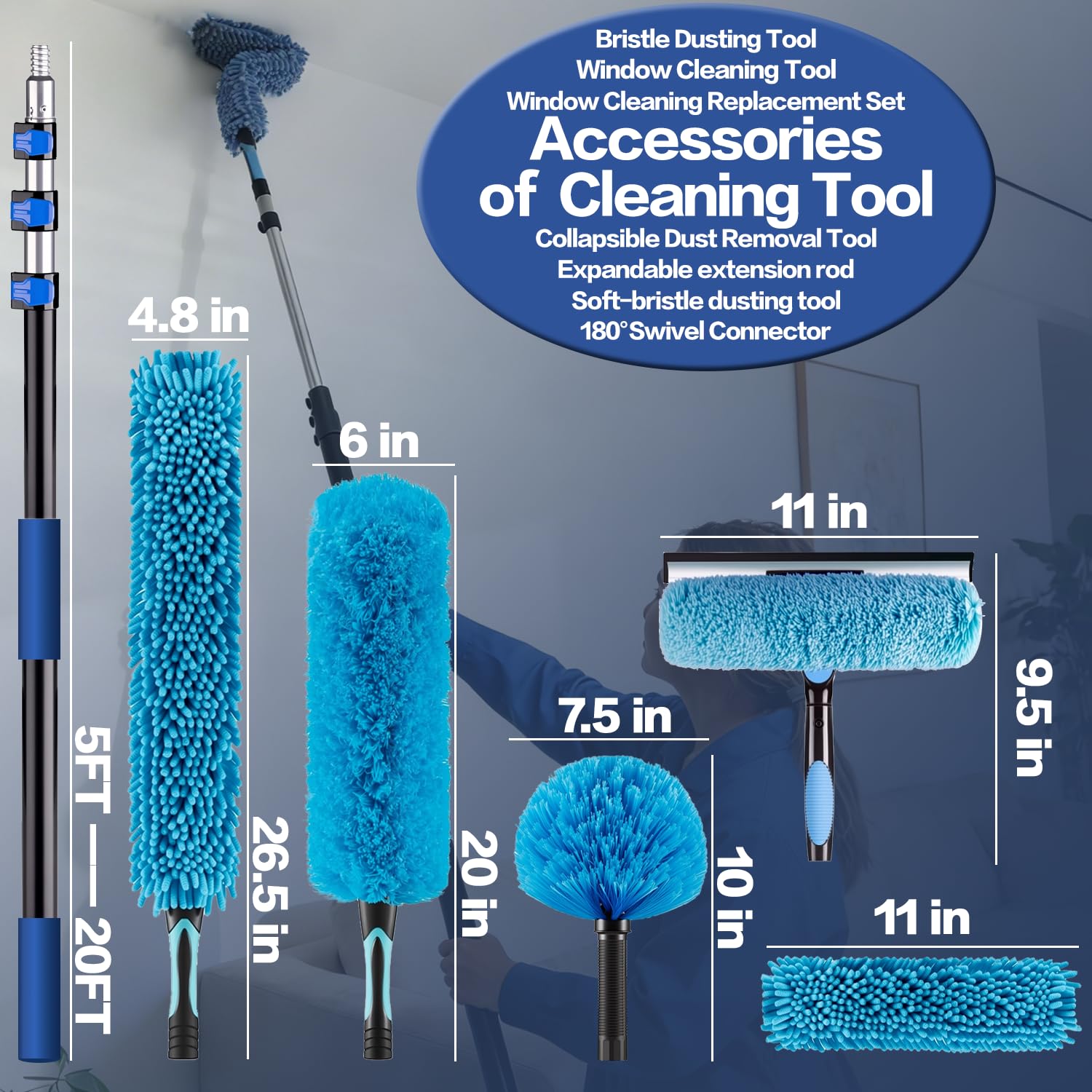 26FT High Reach Duster Cleaning Kit with 5-20 FTExtension Pole, High Ceiling Fan Cleaner Duster Tool for Fan Blades, Extendable Reusable Cobweb, Feather, Window Cleaning Squeegee Kit (20FT)
