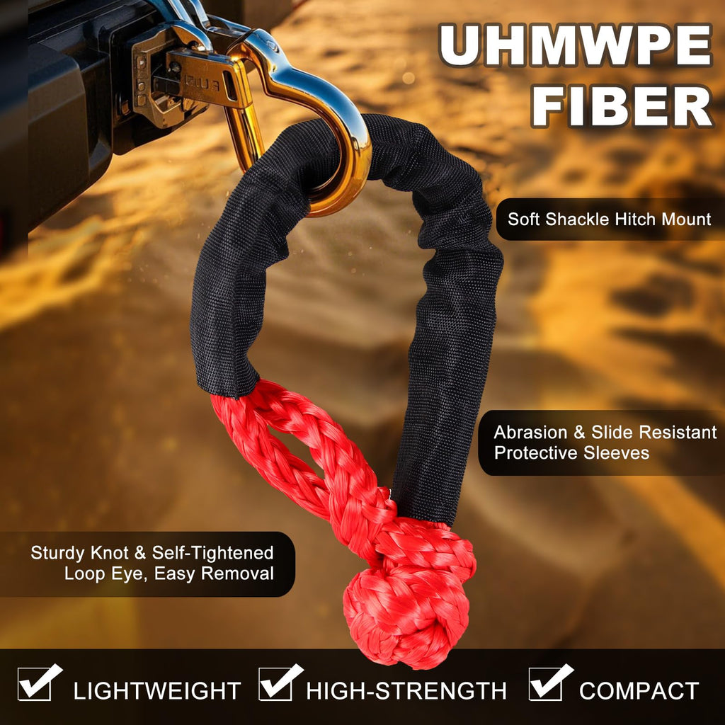 Synthetic Soft Shackle & Winch Recovery Ring Kit, 1/2'' x 22'' Recovery Soft Shackle(56,000Lbs Breaking Strength), Snatch Recovery Ring for ATV UTV Off-Road Vehicles (Shackles+ Red Ring)