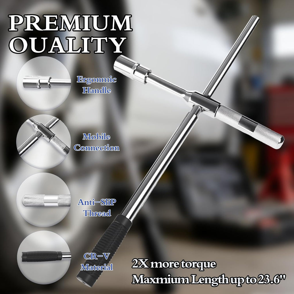 Lug Wrench, 4 Way Tire Iron for Car,Tire Wrench With 1/2-Inch Drive and 2PCS Standard Sockets (17 mm/19 mm, 21 mm/23 mm), Detachable Rapid Cross Lug Nut Wrench