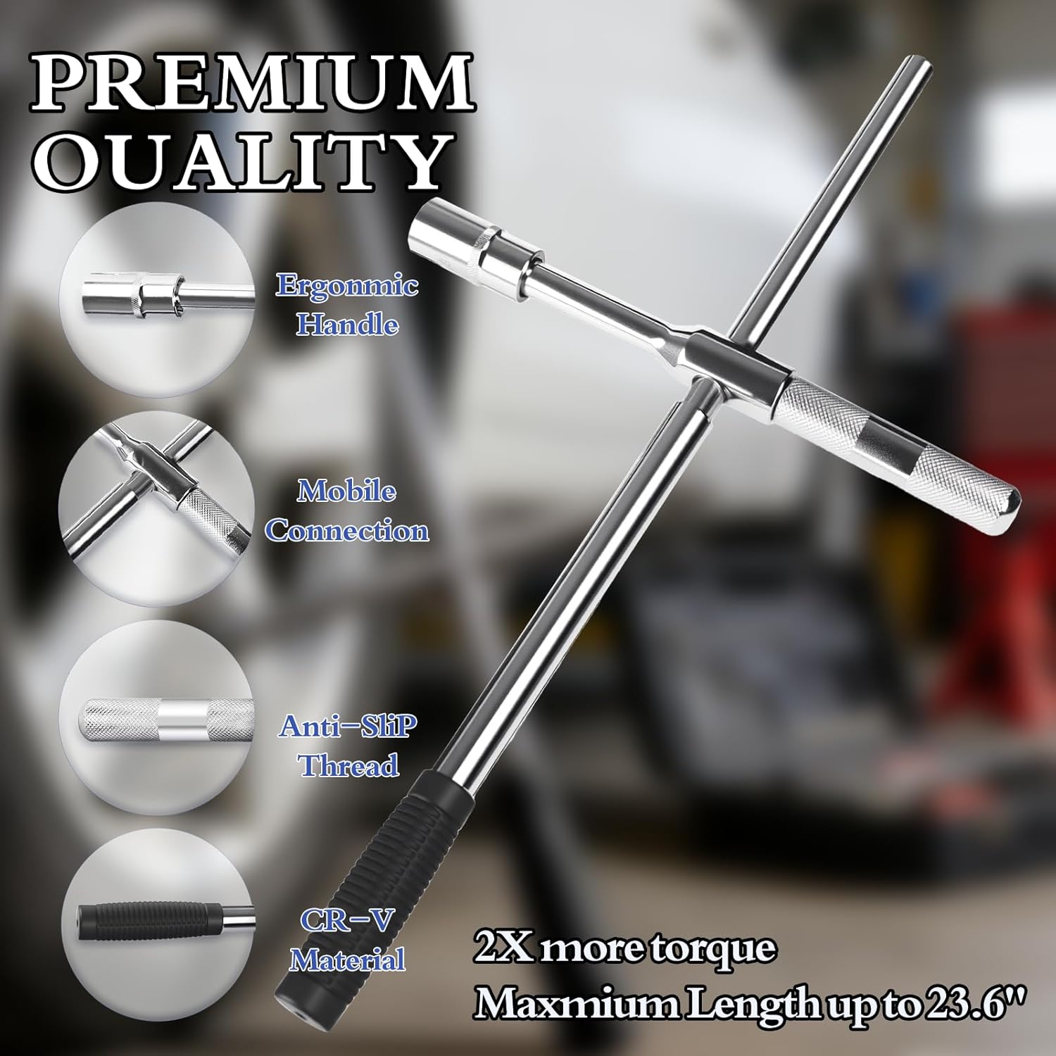 Lug Wrench, 4 Way Tire Iron for Car,Tire Wrench With 1/2-Inch Drive and 2PCS Standard Sockets (17 mm/19 mm, 21 mm/23 mm), Detachable Rapid Cross Lug Nut Wrench