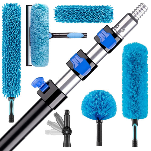26FT High Reach Duster Cleaning Kit with 5-20 FTExtension Pole, High Ceiling Fan Cleaner Duster Tool for Fan Blades, Extendable Reusable Cobweb, Feather, Window Cleaning Squeegee Kit (20FT)
