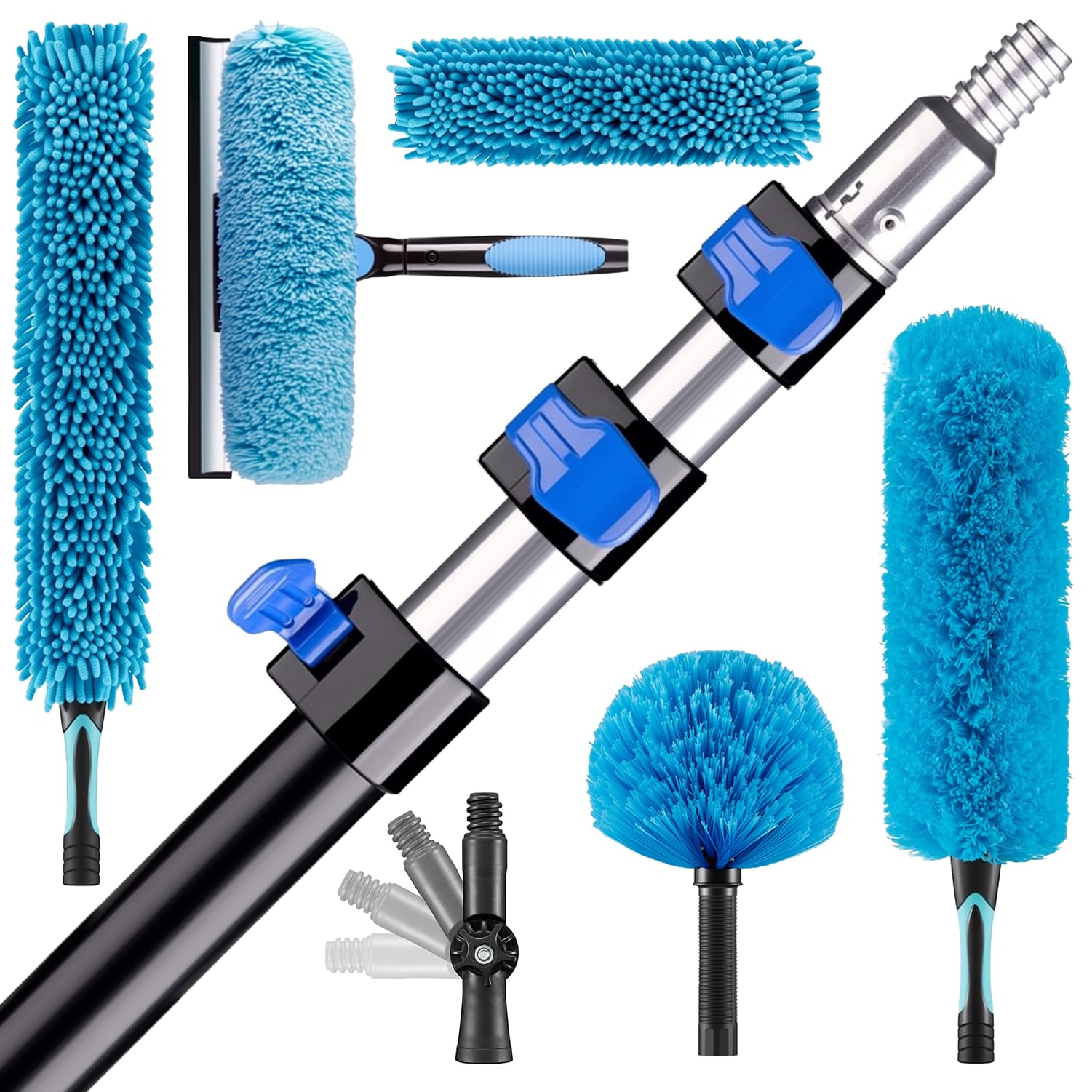 26FT High Reach Duster Cleaning Kit with 5-20 FTExtension Pole, High Ceiling Fan Cleaner Duster Tool for Fan Blades, Extendable Reusable Cobweb, Feather, Window Cleaning Squeegee Kit (20FT)