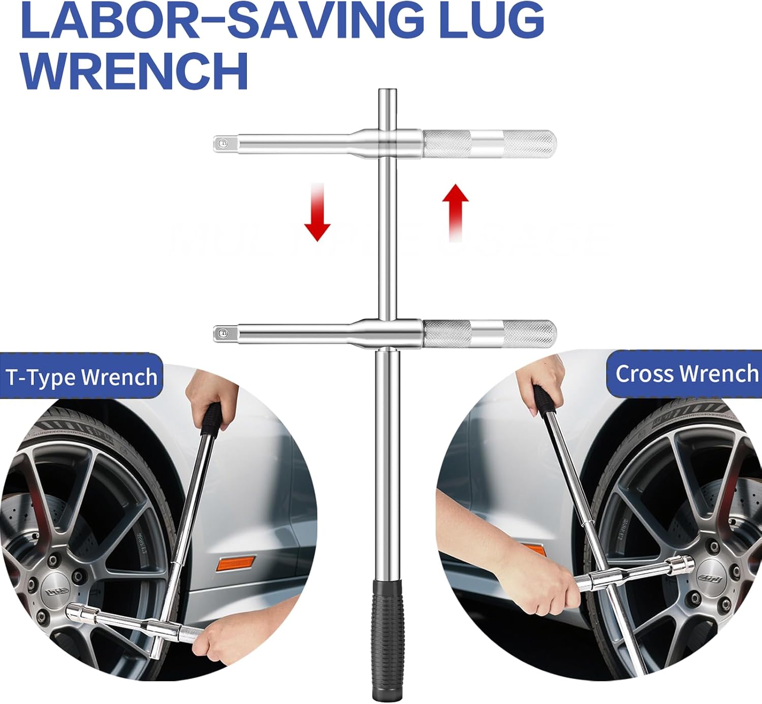 Lug Wrench, 4 Way Tire Iron for Car,Tire Wrench With 1/2-Inch Drive and 2PCS Standard Sockets (17 mm/19 mm, 21 mm/23 mm), Detachable Rapid Cross Lug Nut Wrench