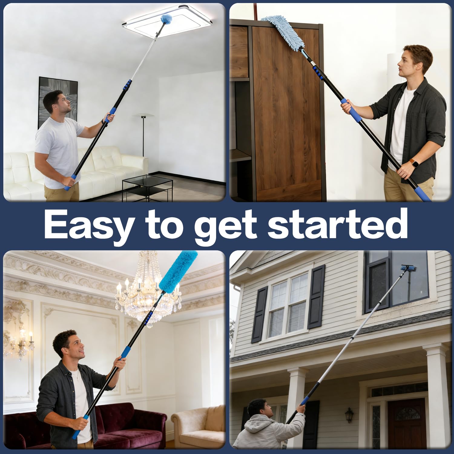 26FT High Reach Duster Cleaning Kit with 5-20 FTExtension Pole, High Ceiling Fan Cleaner Duster Tool for Fan Blades, Extendable Reusable Cobweb, Feather, Window Cleaning Squeegee Kit (20FT)