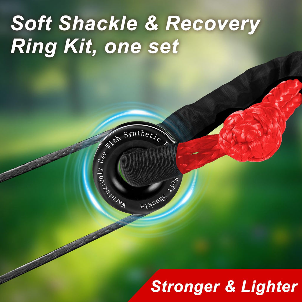Synthetic Soft Shackle & Winch Recovery Ring Kit, 1/2'' x 22'' Recovery Soft Shackle(56,000Lbs Breaking Strength), Snatch Recovery Ring for ATV UTV Off-Road Vehicles (Shackles+ Red Ring)