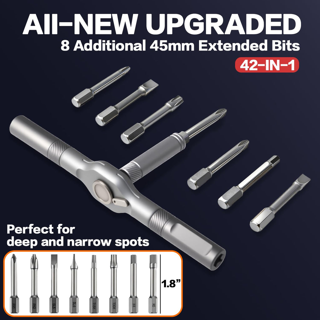 42 in 1 Magnetic Screwdriver, Screwdriver Set, Multi Bit Ratcheting Screwdriver Set with Storage Case Repair Tool Kit for Computer, Eyeglass, Bicycles, Watch, Ring Doorbell, Furniture (Grey)