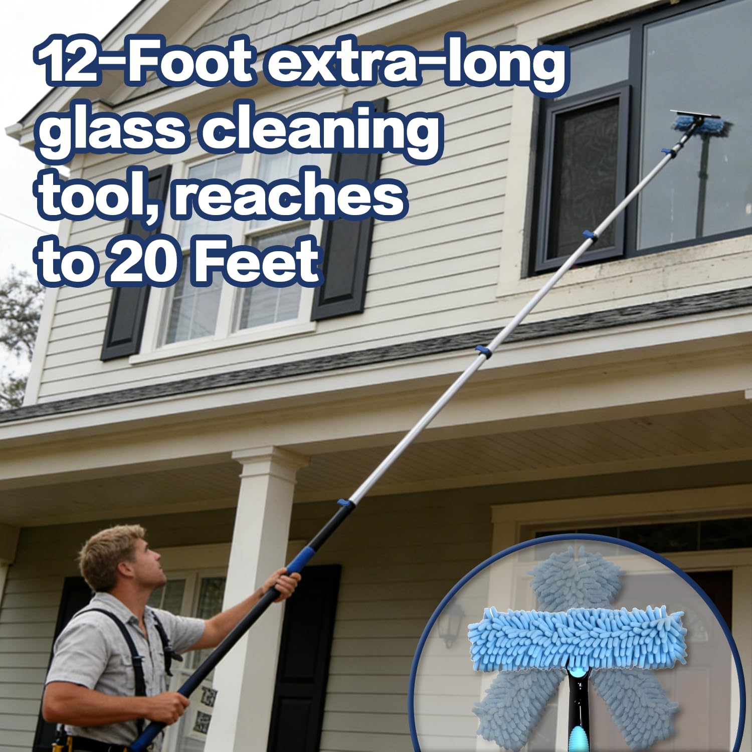 26FT High Reach Duster Cleaning Kit with 5-20 FTExtension Pole, High Ceiling Fan Cleaner Duster Tool for Fan Blades, Extendable Reusable Cobweb, Feather, Window Cleaning Squeegee Kit (20FT)