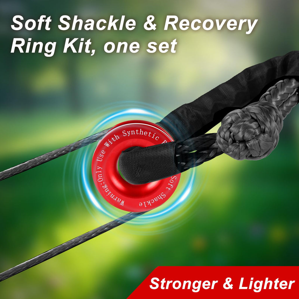 Synthetic Soft Shackle & Winch Recovery Ring Kit, 1/2'' x 22'' Recovery Soft Shackle(56,000Lbs Breaking Strength), Snatch Recovery Ring for ATV UTV Off-Road Vehicles (Shackles+ Red Ring)