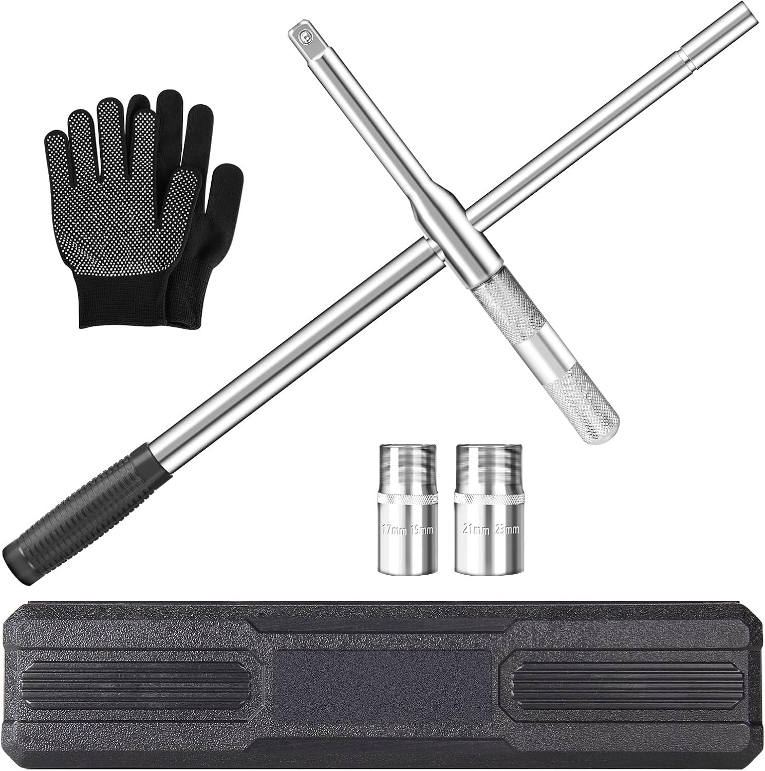 Lug Wrench, 4 Way Tire Iron for Car,Tire Wrench With 1/2-Inch Drive and 2PCS Standard Sockets (17 mm/19 mm, 21 mm/23 mm), Detachable Rapid Cross Lug Nut Wrench