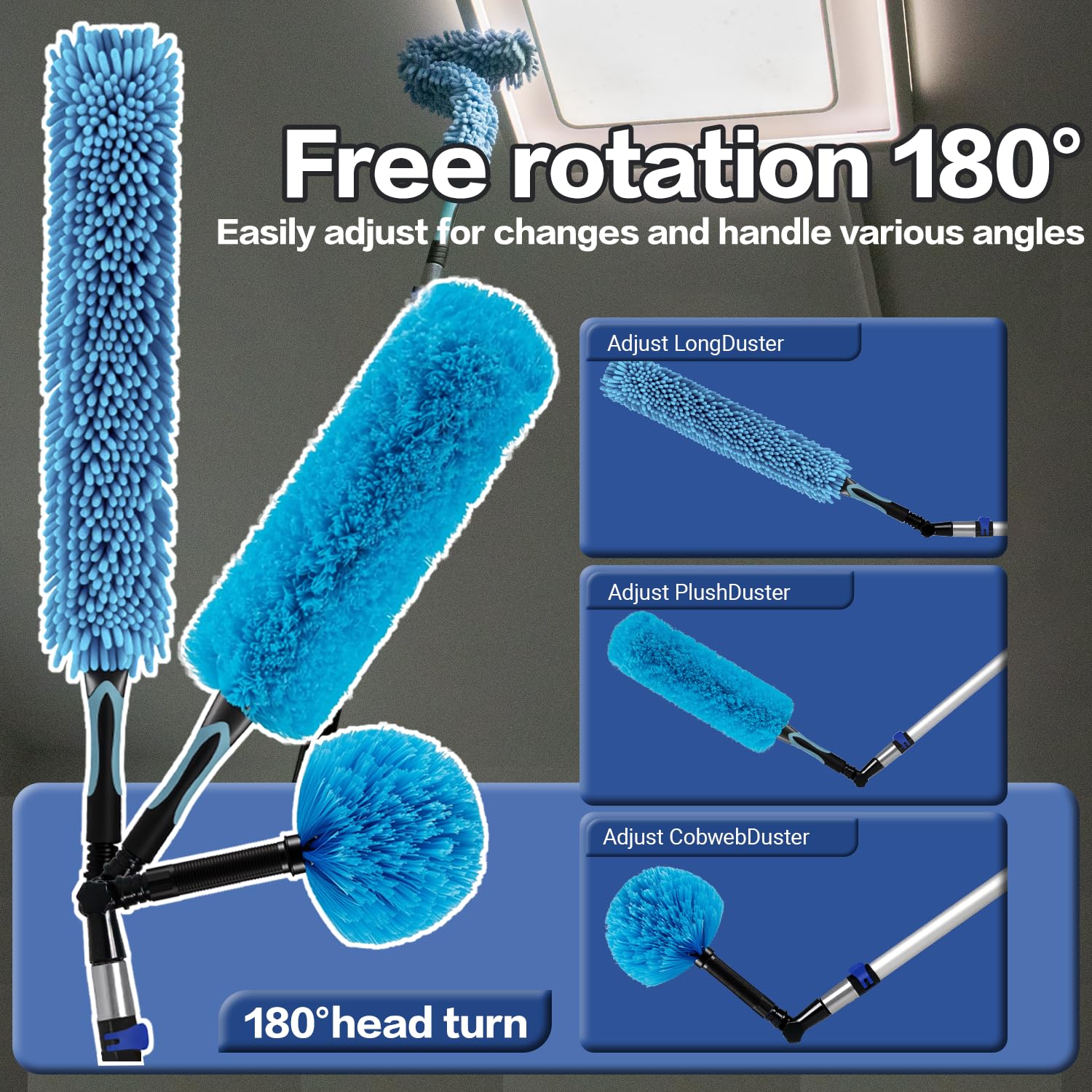 26FT High Reach Duster Cleaning Kit with 5-20 FTExtension Pole, High Ceiling Fan Cleaner Duster Tool for Fan Blades, Extendable Reusable Cobweb, Feather, Window Cleaning Squeegee Kit (20FT)