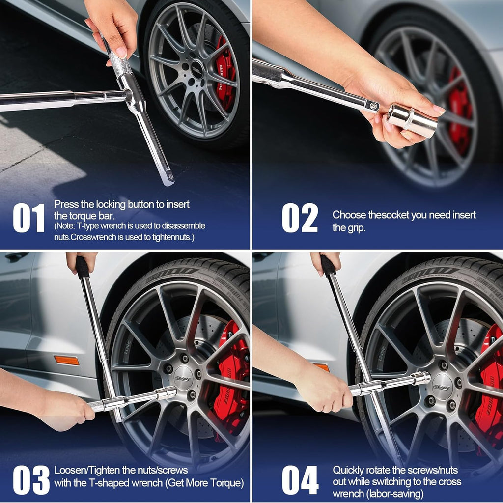 Lug Wrench, 4 Way Tire Iron for Car,Tire Wrench With 1/2-Inch Drive and 2PCS Standard Sockets (17 mm/19 mm, 21 mm/23 mm), Detachable Rapid Cross Lug Nut Wrench